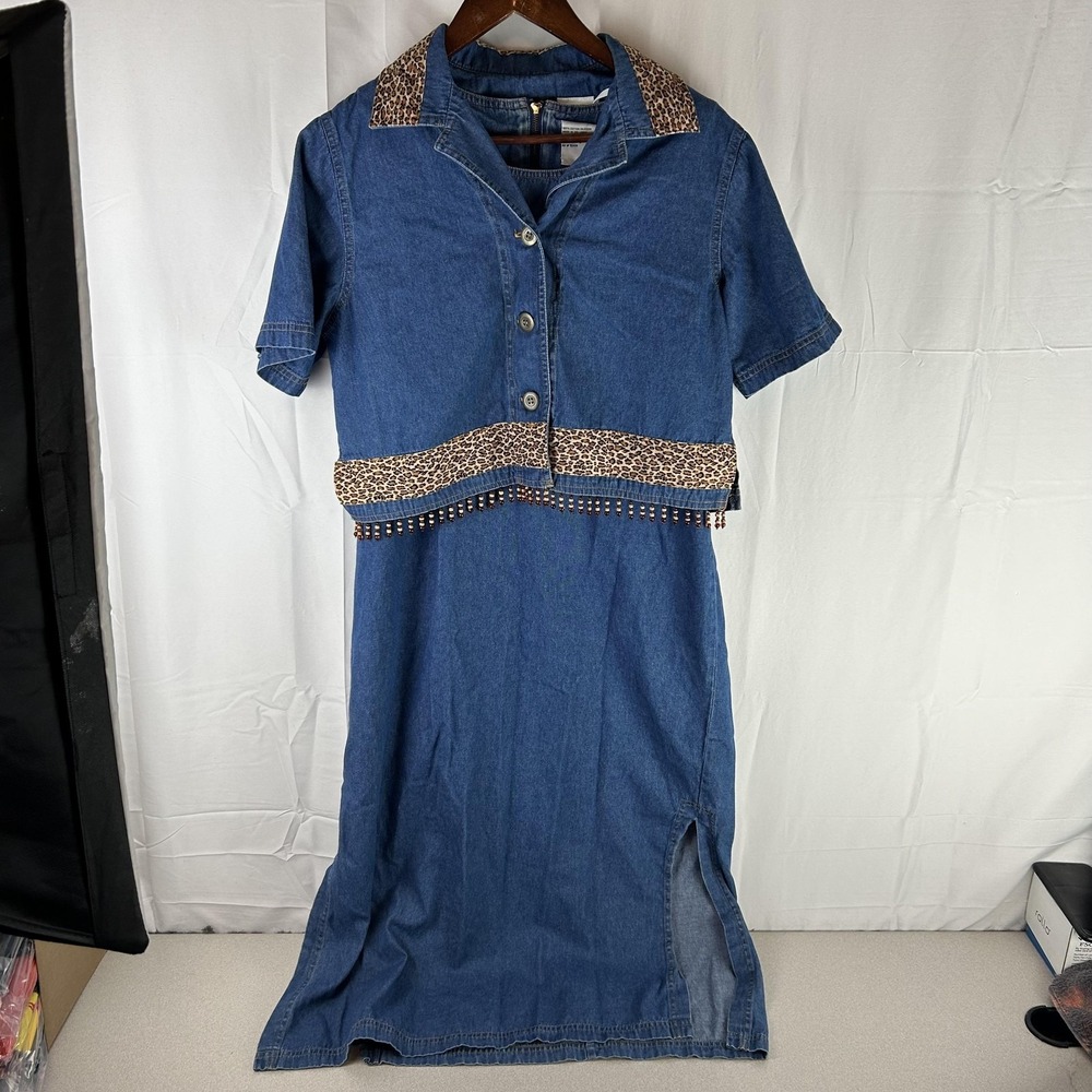 Sag Harbor Dress Denim Dress Jacket Set Womens 12‎ Petite Blue Leopard Beaded